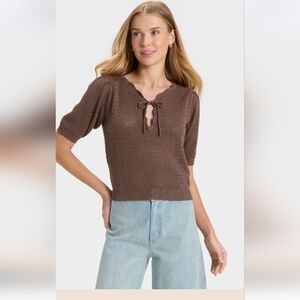 Brown Knit Sweater with Tie Neck